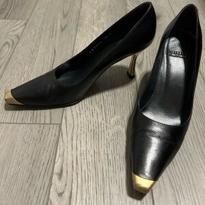 Stuart Weitzman black leather heels with gold toe and gold heel